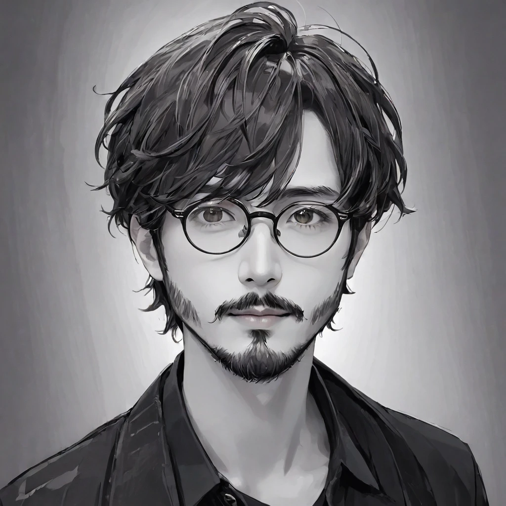 (((Black and white art:1.2、Sepia photo、RAW Photos、Film Grain)))、highest quality、High resolution、High resolution、Cinema Lighting、Black and white photography、Professional Photographer、Attractive hairstyle、man, with stubble, short beard, short mustache, Beard scum, slightly curly hair, and black square plastic-framed glasses,whole body
