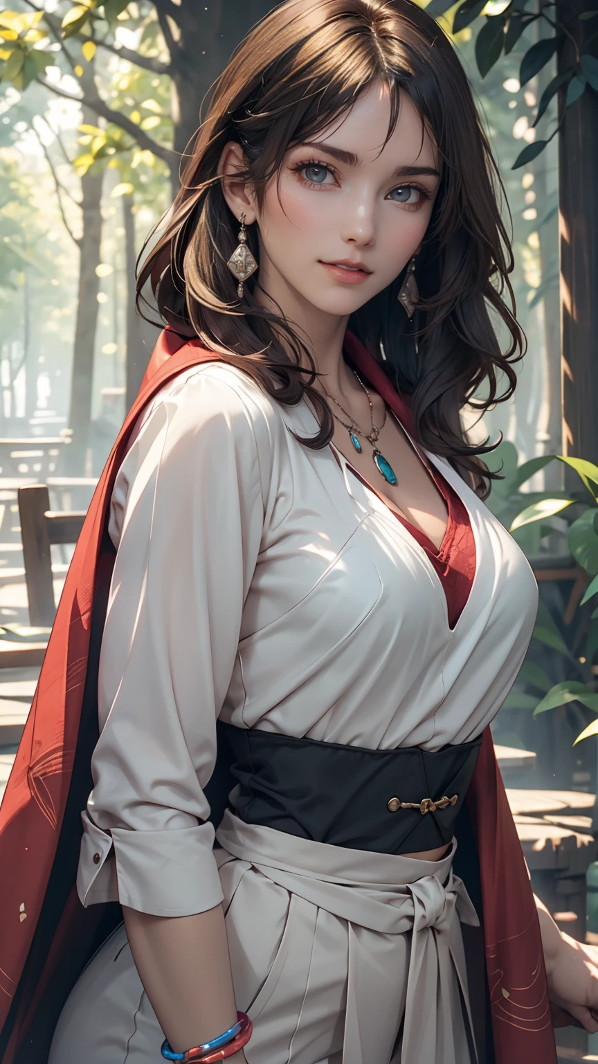 mj3d style,3dmm,3d,(masterpiece, Highest quality:1.1), Ghibli style, Mr. Miss. (mononoke hime), One girl, Bracelet, bangs, Black Hair, black undershirt, chest, Cape, Circlet, Earrings, Face Paint, Floating Hair, forest, fur Cape, Green Eyes, jewelry, View your viewers, medium chest, nature, necklace, Outdoor, parted bangs, shirt, short hair, No sleeve, No sleeve shirt, alone, tooth necklace, wood, Upper Body, white shirt、Sexy proportions、Sexy、Narrow waist