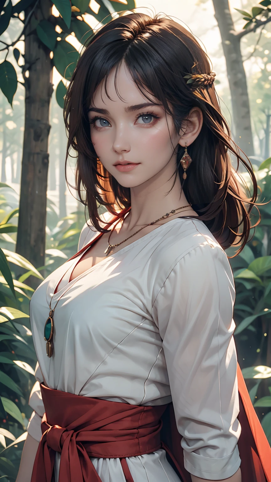 mj3d style,3dmm,3d,(masterpiece, Highest quality:1.1), Ghibli style, Mr. Miss. (mononoke hime), One girl, Bracelet, bangs, Black Hair, black undershirt, chest, Cape, Circlet, Earrings, Face Paint, Floating Hair, forest, fur Cape, Green Eyes, jewelry, View your viewers, medium chest, nature, necklace, Outdoor, parted bangs, shirt, short hair, No sleeve, No sleeve shirt, alone, tooth necklace, wood, Upper Body, white shirt、Sexy proportions、Sexy、Narrow waist