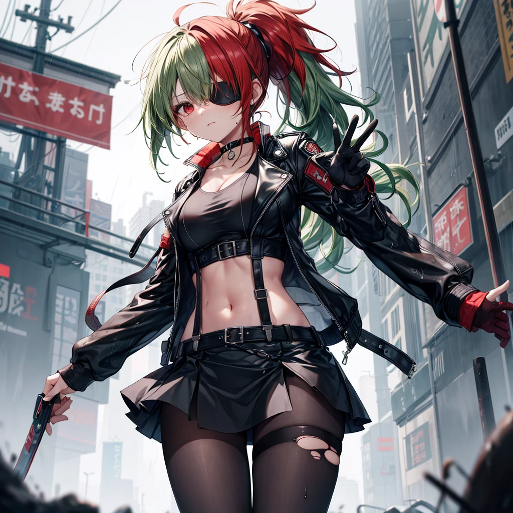 ((Highest quality)), ((masterpiece)), ((detailed)), (4K), 1woman, 独奏, ((eyepatch)), red eye, middle hair, messy hair, green hair, side ponytail, (fighter), crop top, leather jacket, medium breasts, see through, Torn miniskirt, suspender skirt, torn pantyhose, choker, bracelet, ((rain)), (wet), gloves, (expressionless), scowl, (from below), (looking down), face focus, looking at viewer, (open legs), outstretched hand, wasteland, town, blurry background