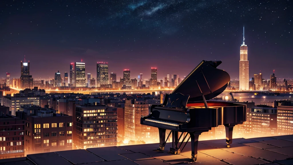 Create a detailed illustration of a vast urban landscape with numerous buildings, focusing on a nighttime city. In the distance, on the rooftop of one of the buildings, there should be a girl with long red hair playing the piano. The cityscape features a mix of architectural styles, with tall skyscrapers and smaller buildings creating a dynamic skyline. The atmosphere is serene and slightly melancholic, with the city illuminated by soft lights from the buildings' windows and streetlights. The girl on a rooftop in the distance should be clearly visible, playing a grand piano under the glow of the city lights. A few birds can be seen flying in the sky. There are small parks and green spaces interspersed among the buildings, providing a touch of nature within the urban environment. The sky is filled with stars, adding to the tranquil atmosphere of the scene. The image should convey a moment of peace in the midst of a chaotic and difficult day.
