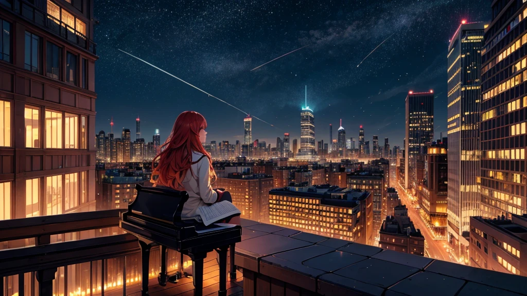 Create a detailed illustration of a vast urban landscape with numerous buildings, focusing on a nighttime city. In the distance, on the rooftop of one of the buildings, there should be a girl with long red hair playing the piano. The cityscape features a mix of architectural styles, with tall skyscrapers and smaller buildings creating a dynamic skyline. The atmosphere is serene and slightly melancholic, with the city illuminated by soft lights from the buildings' windows and streetlights. The girl on a rooftop in the distance should be clearly visible, playing a grand piano under the glow of the city lights. A few birds can be seen flying in the sky. There are small parks and green spaces interspersed among the buildings, providing a touch of nature within the urban environment. The sky is filled with stars, adding to the tranquil atmosphere of the scene. The image should convey a moment of peace in the midst of a chaotic and difficult day.