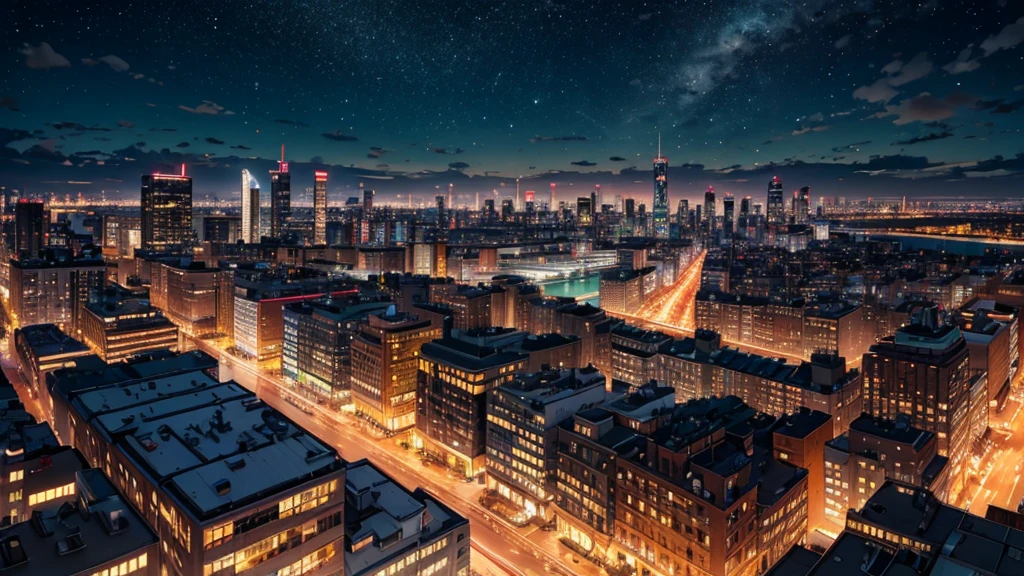 Create a detailed illustration of a vast urban landscape with numerous buildings, focusing on a nighttime city. In the distance, on the rooftop of one of the buildings, there should be a girl with long red hair playing the piano. The cityscape features a mix of architectural styles, with tall skyscrapers and smaller buildings creating a dynamic skyline. The atmosphere is serene and slightly melancholic, with the city illuminated by soft lights from the buildings' windows and streetlights. The girl on a rooftop in the distance should be clearly visible, playing a grand piano under the glow of the city lights. A few birds can be seen flying in the sky. There are small parks and green spaces interspersed among the buildings, providing a touch of nature within the urban environment. The sky is filled with stars, adding to the tranquil atmosphere of the scene. The image should convey a moment of peace in the midst of a chaotic and difficult day.