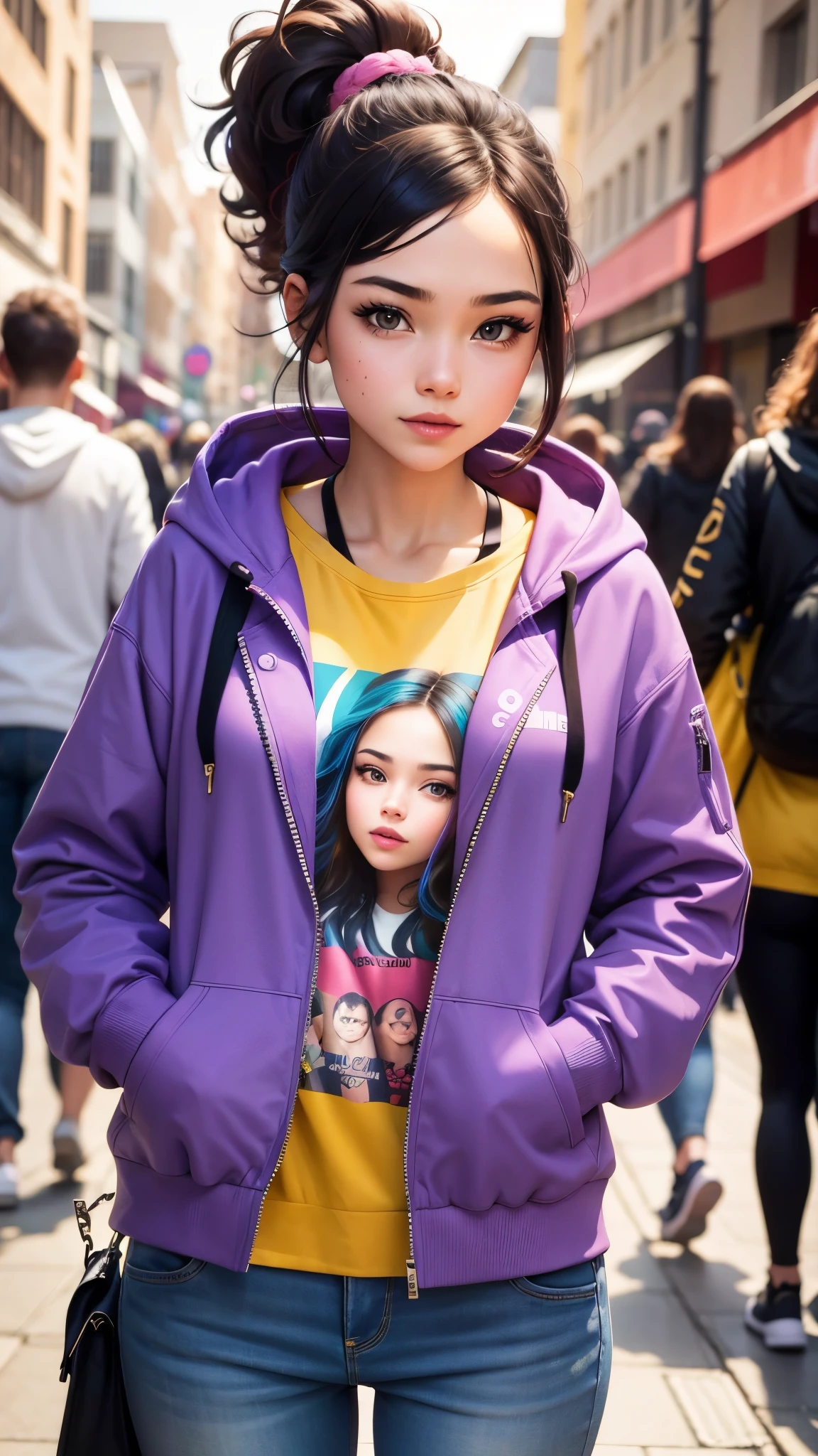  The image is a vibrant portrait of a young woman. She is wearing a colorful hoodie and has a confident expression on her face.