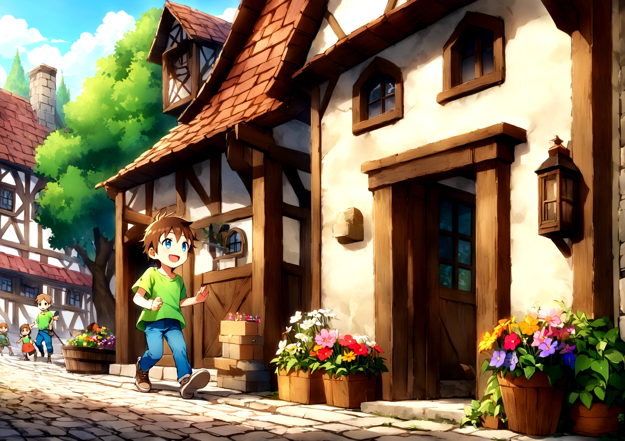 Jack is an eight-year-old boy with tousled brown hair and bright blue eyes. He wears worn-out blue jeans, a bright green t-shirt and sturdy brown sneakers. Jack is exploring the quaint village, his bright eyes filled with curiosity and excitement. He is walking along a cobblestone street, passing by small, charming houses with colorful flowers blooming in window boxes. The village is alive with activity; a baker stands outside his shop, a blacksmith works at his forge, and children play near a fountain. In the background, lush green trees and a clear blue sky indicate a sunny day. Jack's energetic presence and wide smile add to the warm and inviting atmosphere as he discovers new corners of the village, perhaps pausing to inspect a butterfly or to greet a friendly villager.