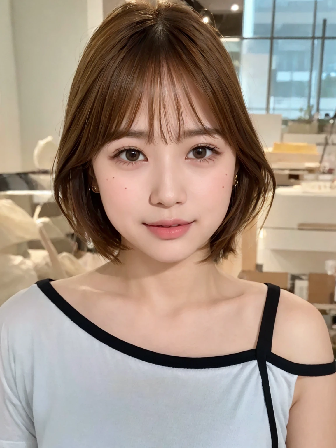 (8K、RAW Photos、Highest quality、Masterpiece:1.2)、Super detailed、Super Resolution、(Real、Real写真:1.37)、Portrait、High-definition RAW color photos、Professional Photography、Very detailedで美Shii、Very detailed、8Kの壁紙、Amazing details、Huge file sizes、Official Art、Very detailedなCG Unity 8K壁紙、Very detailedな美少女、Very detailedな顔、Very detailedな目、Very detailedな肌、Very detailedな指、Very detailedな鼻、Very detailedな詳細な口、Perfect Anatomy、Very detailedな背景、Very detailedな衣服、1 girl、(18:1.2)、Ten generations、cute女の子、Famous Japanese Idols、cute、Realなボデtite、White skin、Glowing Skin、Slim body、Handsome body、Brown Hair、Short curly hair、(Blunt Bangs:1)、smile、cute、like々Shii、cute顔、Realな顔、Delicate eyes、Drooping eyes、White T-shirt、skirt、Earrings、looking at the camera、Cowboy Shot、Front facing、Standing posture、Contrapposto, High Street, public, Dynamic Lighting,