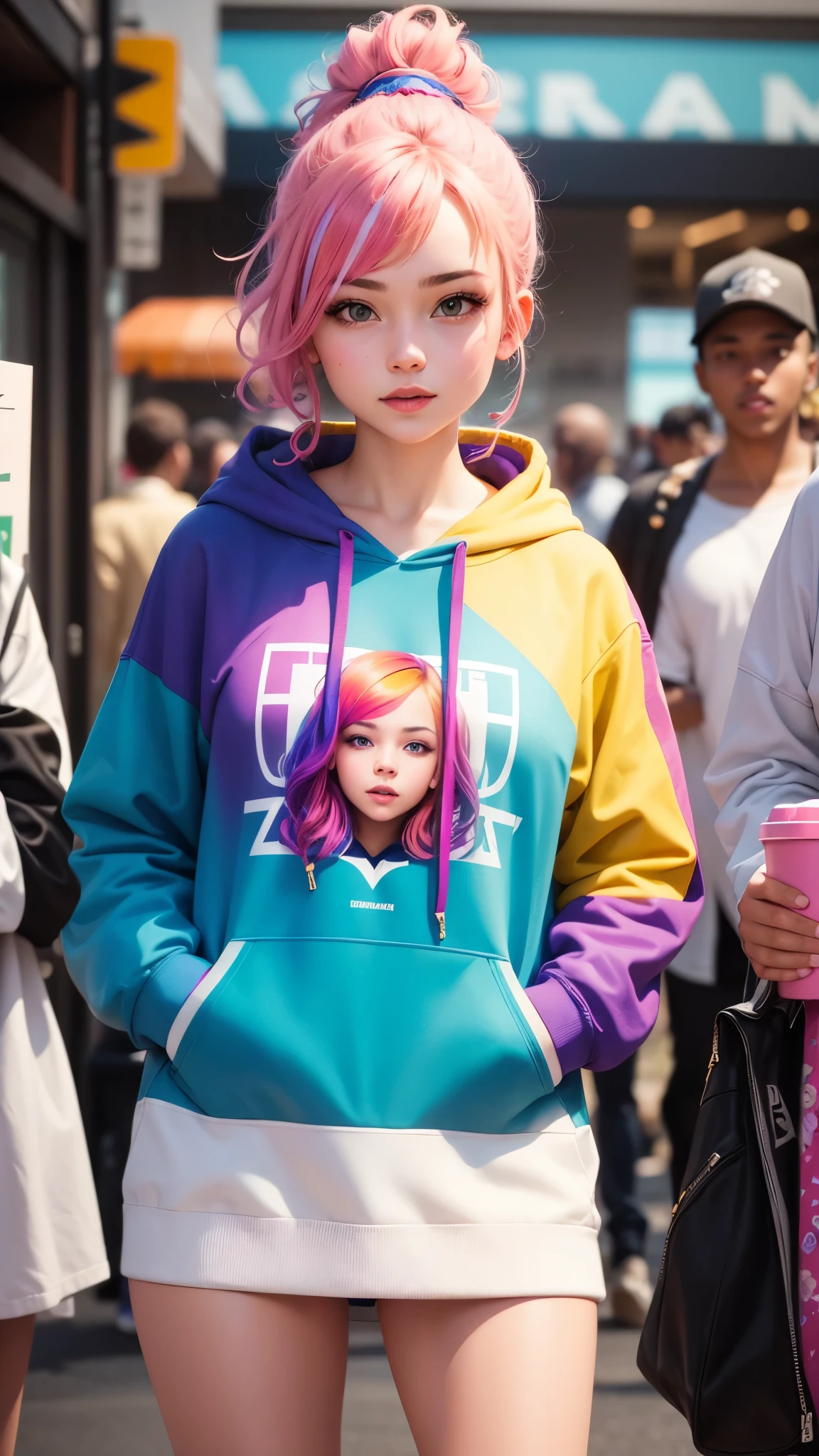  The image is a vibrant portrait of a young woman. She is wearing a colorful hoodie and has a confident expression on her face.