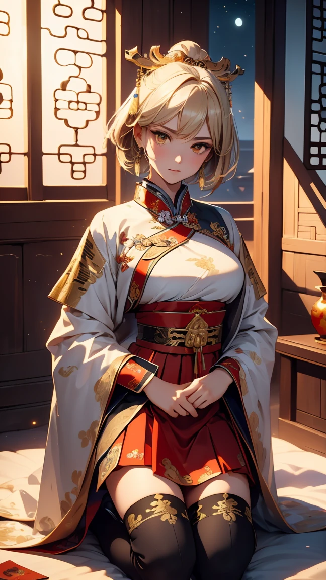 A very beautiful 19-year-old woman, (white hair:0.5), bob haircut, short hair, (yellow eyes:0.5) bright golden eyes, red nails, young beautiful face, muscular, slim but well-proportioned body, perfect white skin, highly detailed drawing, realistic face. (((Wearing traditional Chinese imperial clothes, ornately decorated in black with gold details:1.2))) ((red skirt with golden details,)) (with red Hanafuda earrings,) (garterbelt black thigh-high socks.) Kneeling on a white bed in an ancient Chinese room, with a full moon and stars visible through the window at night, with light flashes refleting on hear body. 4k anime ART, perfect lighting