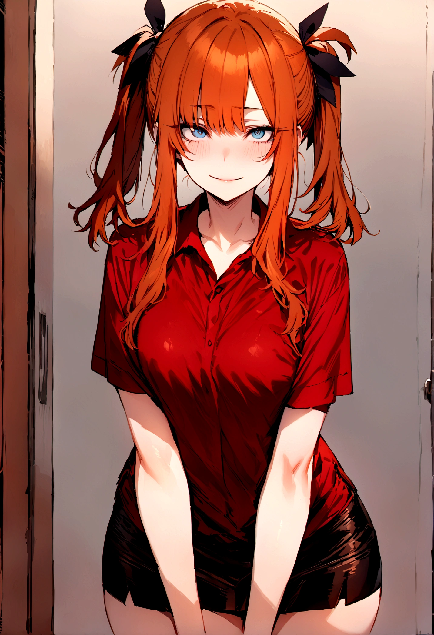 (masterpiece), best quality, expressive eyes, perfect face, 1girl, solo, blue eyes, dark orange Hair, Loose hair, hair ribbon, long hair, black ribbon, sidelocks, bangs two side up, smile, dark red shirt, short sleeves, black plated mini skirt, slim figure, looking at viewer,
