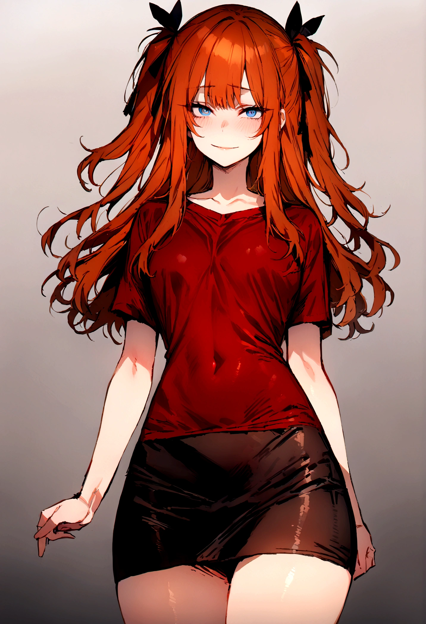 (masterpiece), best quality, expressive eyes, perfect face, 1girl, solo, blue eyes, dark orange Hair, Loose hair, hair ribbon, long hair, black ribbon, sidelocks, bangs two side up, smile, dark red shirt, short sleeves, black plated mini skirt, slim figure, looking at viewer,