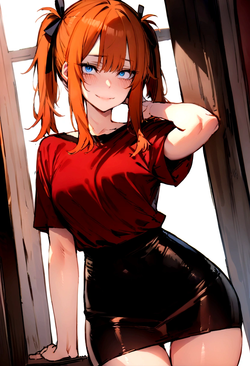 (masterpiece), best quality, expressive eyes, perfect face, 1girl, solo, blue eyes, dark orange Hair, Loose hair, hair ribbon, long hair, black ribbon, sidelocks, bangs two side up, smile, dark red shirt, short sleeves, black plated mini skirt, slim figure, looking at viewer,
