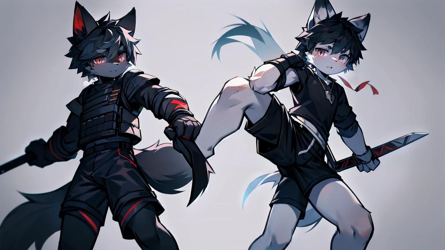 White Wolf,black hair,Red eyes,Wolf ears,Wolf Tail,juvenile,male,hairy,Hair,Half body armor,Combat uniform,Silver and black clothing,Handsome,Handsome,shorts,The forearm is exposed,leg,Fighting Stance,Duel,Two people,Anxious,Armed with a sword,Simple background,Swords