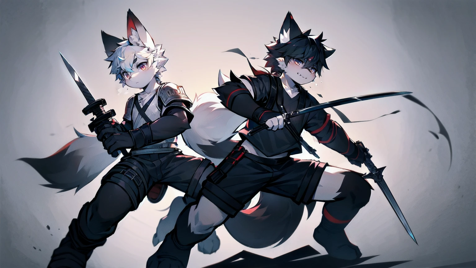 White Wolf,black hair,Red eyes,Wolf ears,Wolf Tail,juvenile,male,hairy,Hair,Half body armor,Combat uniform,Silver and black clothing,Handsome,Handsome,shorts,The forearm is exposed,leg,Fighting Stance,Duel,Two people,Anxious,Armed with a sword,Simple background,Swords