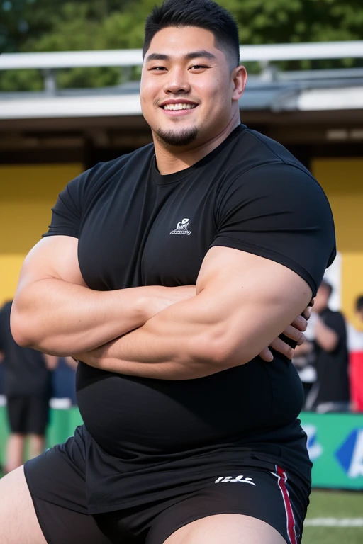 ((highest quality)), ((masterpiece)), (detailed), ((Perfect Face)), 4k, Shaved head, Young Japanese, Muscular, Fat body, Very big man, smile, ((showing off crotch))A large Japanese man wearing a tight black T-shirt、whole body、Rugby last week、Thick legs、Thick arm muscles、Intimidating、whole body, 