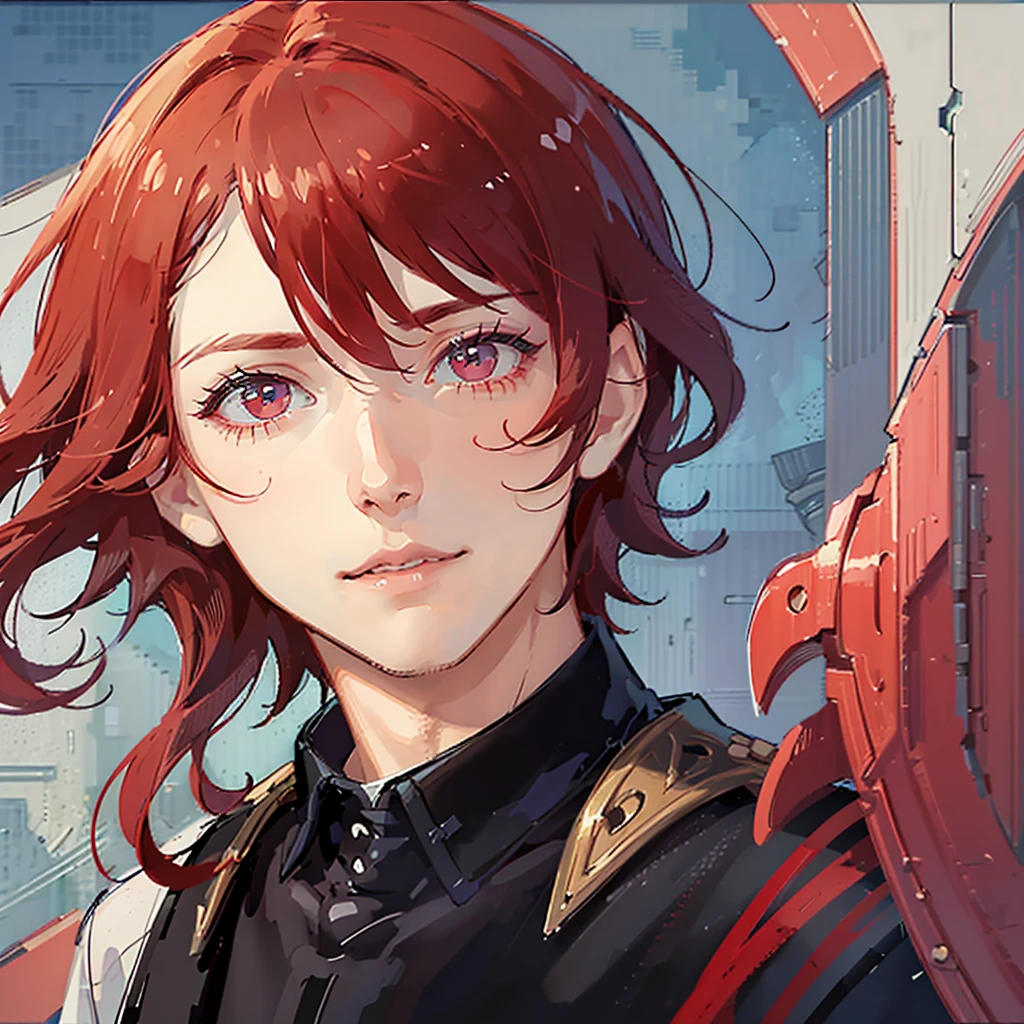 A close-up of a man with medium-long red hair that falls over his shoulders and a white shirt, attractive androgynous humanoid, male main character, with feminine features, Close-up of character art, detailed character portrait, close-up character portrait, Hero, Close-up of character portrait, estilo 2d, Bright colors, JED style