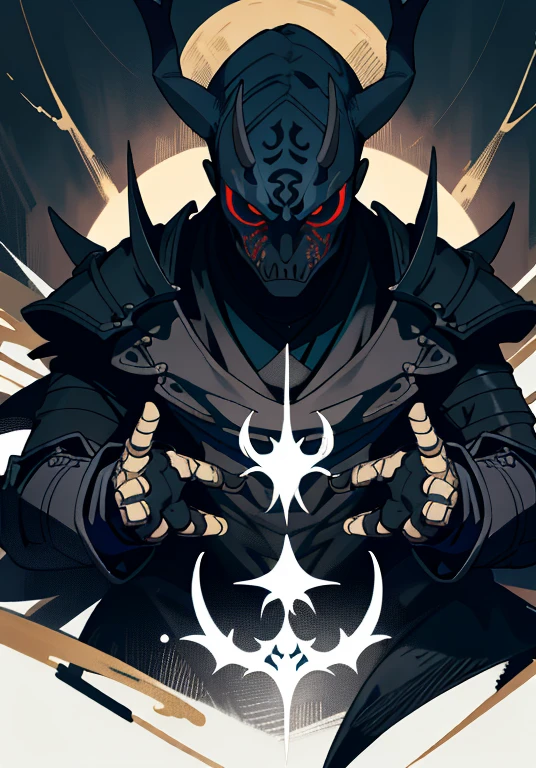 high quality image of a ninja, traditional black suit, suit decorated with blue gothic lines, elk horns on his head, white horror mask, an eye instead of the mouth, all the body dripping darkness, black eyes, neck full of visible black sutures, golden half-body armor, macabre gothic castle background,