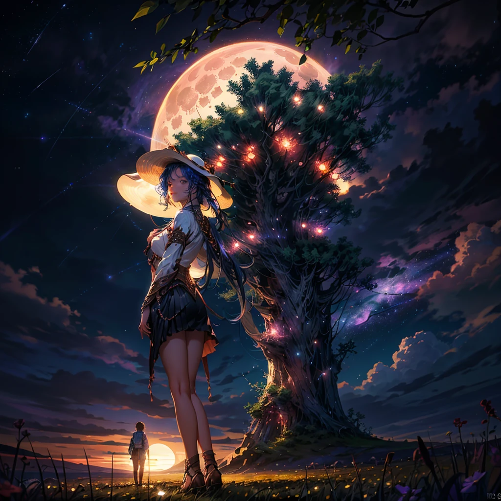 expansive landscape photography, (a bottom view showing the sky above and open country below), a girl standing in a field of flowers looking up, (full moon: 1.2), (shooting stars: 0.9), (nebula : 1.3), distant mountain, BREAK tree production art, (warm light source: 1.2), (Firefly: 1.2), lamp, lots of purple and orange, intricate details, volumetric lighting, BREAK realism (masterpiece: 1.2) , (best quality), 4k, ultra-detailed, (dynamic compositing: 1.4), highly detailed, colorful details, (iridescent colors: 1.2), (bright lighting, atmospheric lighting), dreamy, magical, (solo: 1.2)