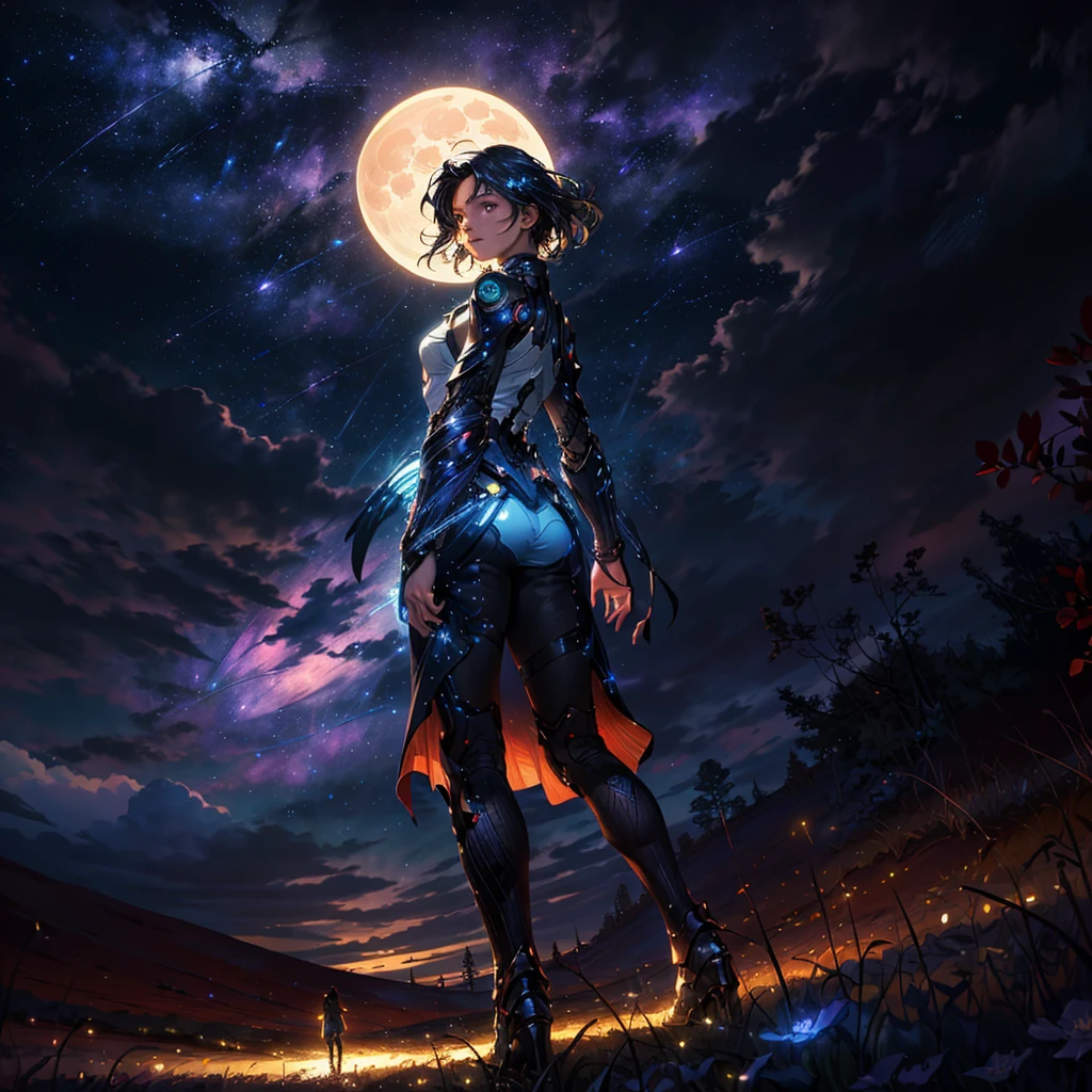expansive landscape photography, (a bottom view showing the sky above and open country below), a girl standing in a field of flowers looking up, (full moon: 1.2), (shooting stars: 0.9), (nebula : 1.3), distant mountain, BREAK tree production art, (warm light source: 1.2), (Firefly: 1.2), lamp, lots of purple and orange, intricate details, volumetric lighting, BREAK realism (masterpiece: 1.2) , (best quality), 4k, ultra-detailed, (dynamic compositing: 1.4), highly detailed, colorful details, (iridescent colors: 1.2), (bright lighting, atmospheric lighting), dreamy, magical, (solo: 1.2)
