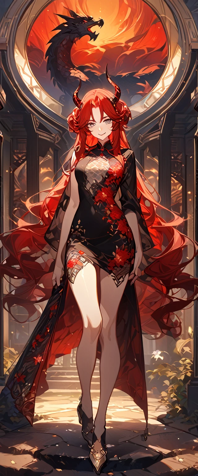 masterpiece, best quality, 8k ,4k , 1girl, teenage girl, dragon girl, red hair, gray eyes, big chest, slender waist, small waist, small thigh, horn, hair ornament, finely detailed eyes and detailed face, looking at viewer, Black sleeveless top, transparent embroidery skirt, skirt to the knee, majestic looks, smiling gently, Lace dress, patterned clothes, red scale scattered pattern clothes, meticulous clothes, revealing clothes, mature clothes, majestic looks, smiling gently, small bird, full body, artist : ask, art style : ask