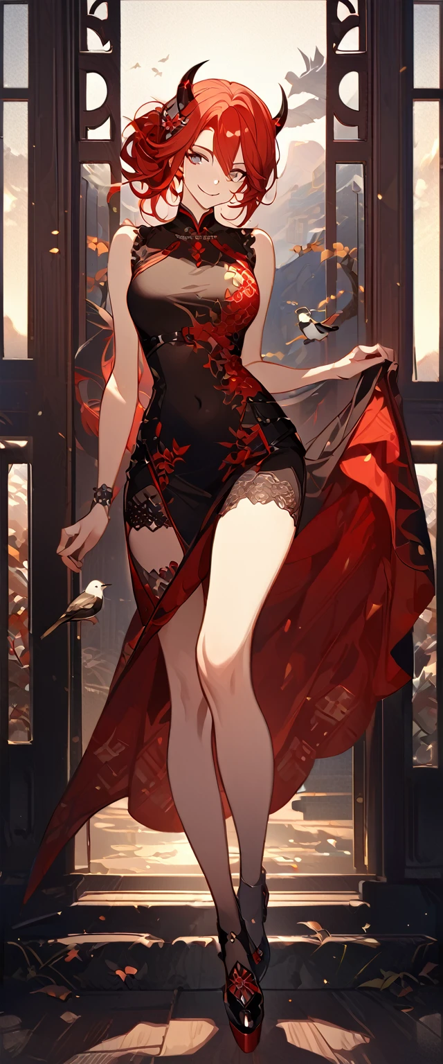 masterpiece, best quality, 8k ,4k , 1girl, teenage girl, dragon girl, red hair, gray eyes, big chest, slender waist, small waist, small thigh, horn, hair ornament, finely detailed eyes and detailed face, looking at viewer, Black sleeveless top, transparent embroidery skirt, skirt to the knee, majestic looks, smiling gently, Lace dress, patterned clothes, red scale scattered pattern clothes, meticulous clothes, revealing clothes, mature clothes, majestic looks, smiling gently, small bird, full body, artist : ask, art style : ask