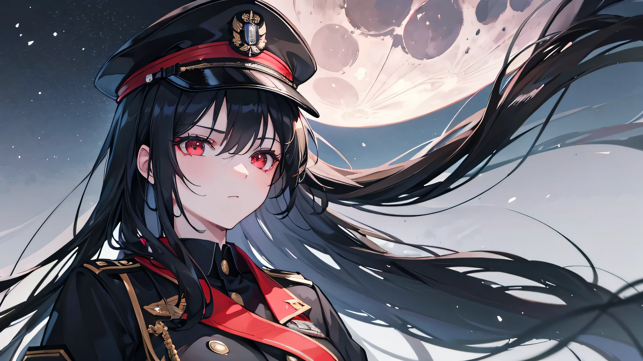 1 girl in black military uniform, 18 years old, military hat that matches the uniform, long black hair, red eyes, spider web background, full moon, moonlight, face in shadow, light particles, fantastical atmosphere, best quality, 4k, 8k, highres, masterpiece, ultra-detailed, realistic, photorealistic, photo-realistic, HDR, UHD, studio lighting, ultra-fine painting, sharp focus, physically-based rendering, extreme detail description, professional, vivid colors, bokeh