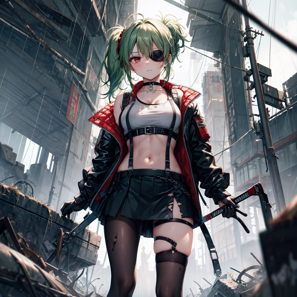 ((Highest quality)), ((masterpiece)), ((detailed)), (4K), 1woman, 独奏, ((eyepatch)), red eye, middle hair, messy hair, green hair, side ponytail, (fighter), crop top, leather jacket, medium breasts, see through, Torn miniskirt, suspender skirt, torn pantyhose, choker, bracelet, ((rain)), (wet), gloves, (expressionless), scowl, (from below), (looking down), face focus, looking at viewer, (open legs), wasteland, town, blurry background