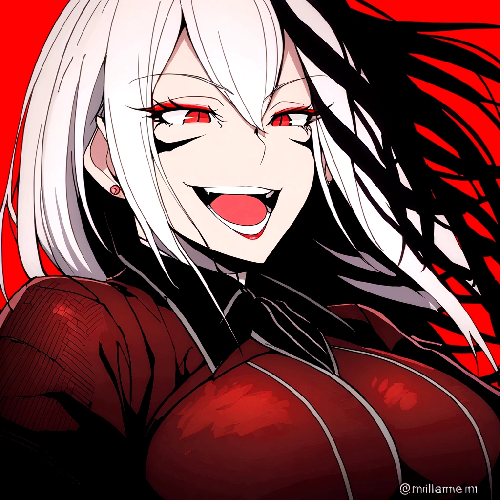 girl, (huge breasts size 170 cm), (narrow waist), Powerful woman, White hair, big butt, beautiful face, fine features, Red eyes, SMILE, evil, psychopath, mileena costume, black suit