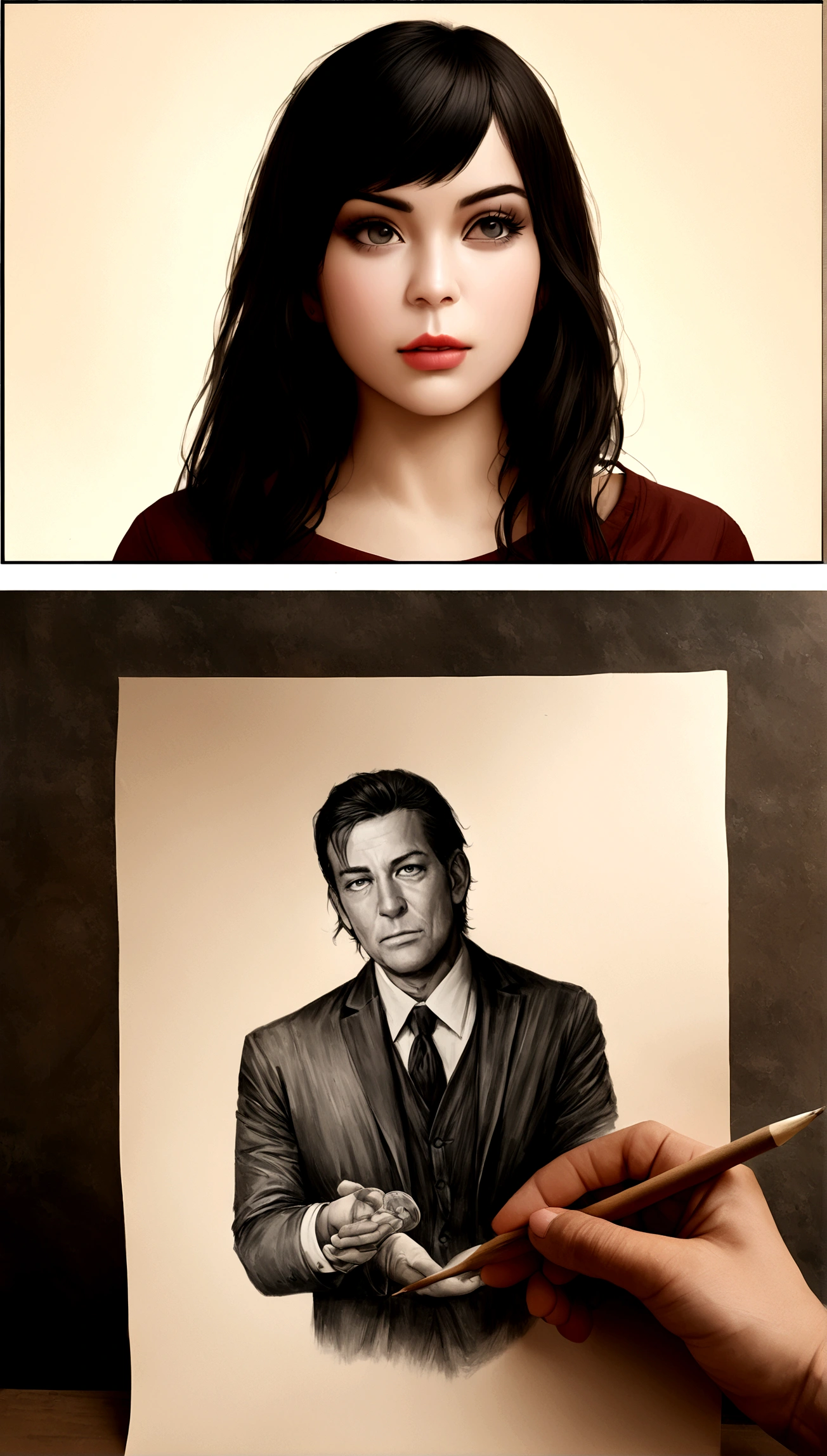 28 year old girl, dark hair confronting a man with the money he left him (art, ultrarealistic, simple drawing, drawing for comic)