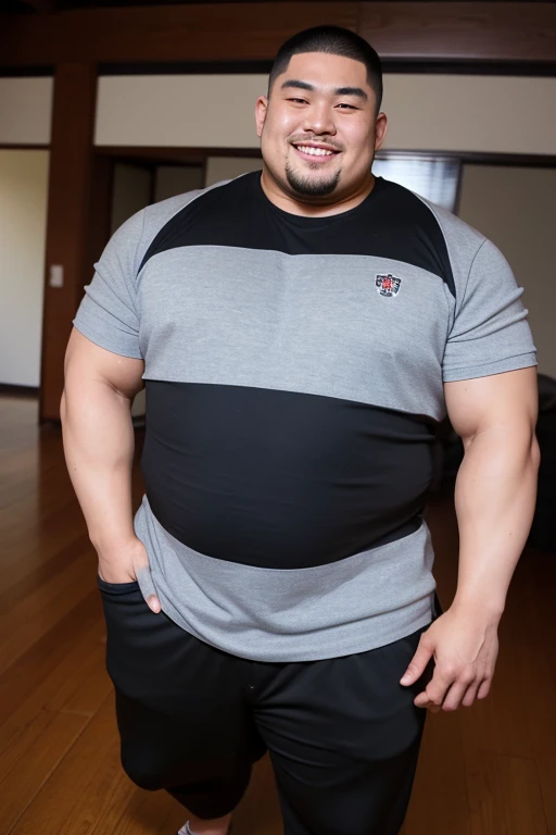 ((highest quality)), ((masterpiece)), (detailed), ((Perfect Face)), 4k, Shaved head, Young Japanese, Muscular, Fat body, Very big man, smile, ((showing off crotch))A large Japanese man wearing a tight black T-shirt、whole body、Rugby last week、Thick legs、Thick arm muscles、Intimidating、whole body, 