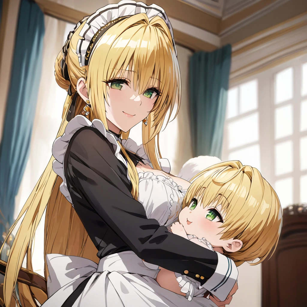 The luxurious and high-class Victorian maid outfit is evenly decorated with gorgeous gold embroidery and edging, and the blouse, apron, and headband also have gorgeous gold embroidery and edging.、((Highest quality)), ((masterpiece)), (detailed), （Perfect Face）、The woman is Tierre, with green eyes, medium-long blonde hair, a Victorian maid outfit and maid headband, jeweled earrings, and an engagement ring.、The woman is smiling fondly in a luxurious room、The Victorian maid uniform is a calm, old-fashioned type with long sleeves and a long skirt, decorated with luxurious gold embroidery and edging.、The woman holds her baby daughter in her arms