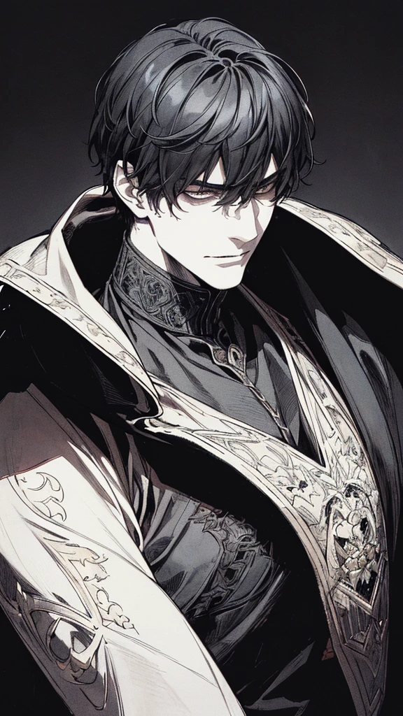 Best quality, (background_detail), high_contrast, detail_original_illustration, warrior, muscular, villain face, armored, full_body, medieval, crease between eyes, young man, man in 20s, dark_stitch_landscape, (dramatic_lighting:1. 25), (shaded_background:1.2), black_hair, (short black hair:) 1.1 ), Large figure, Delicate face, Evil smile, Sharp eyes, Black background, (Black background:1.5), Beautiful line drawing, Black and white