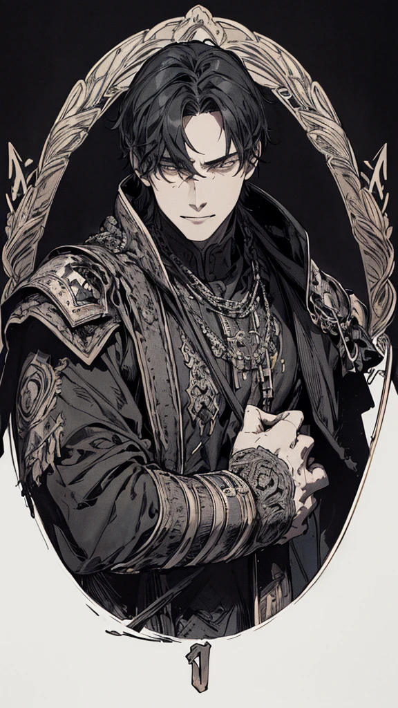 Best quality, (background_detail), high_contrast, detail_original_illustration, warrior, muscular, villain face, armored, full_body, medieval, crease between eyes, young man, man in 20s, dark_stitch_landscape, (dramatic_lighting:1. 25), (shaded_background:1.2), black_hair, (short black hair:) 1.1 ), Large figure, Delicate face, Evil smile, Sharp eyes, Black background, (Black background:1.5), Beautiful line drawing, Black and white