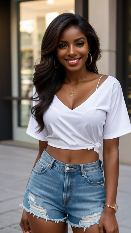 Arlenis Sosa dressed in a shirt with a huge neckline and torn shorts and smiling