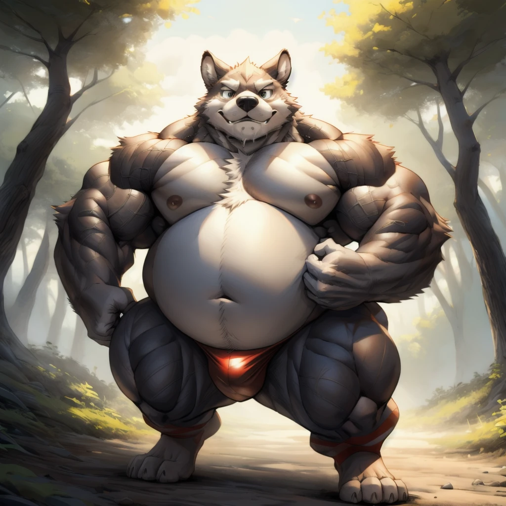 Animal kingdom Tank Hero Academia Shonen Anime style, full body image, Casual, neighborhood style, big obese , in sport clothes, He is a huge obese Sumo in huge obese weight gain process, detailed face, detailed eyes, detailed nose, defined face, big belly, high resolution settings, settings to fix face, high resolution settings, face fix settings, Whismical model, detailed eyes, detailed hands best quality,realistic lighting, male, anthro,muscular, muscular male, solo, bodily fluids, abs, pecs, muscular anthro, hi res, nipples, detailed background, forest, (yohei:1.2), (perfect eyes:1.2),white fur, (ultra detailed paws), Wearing a thong