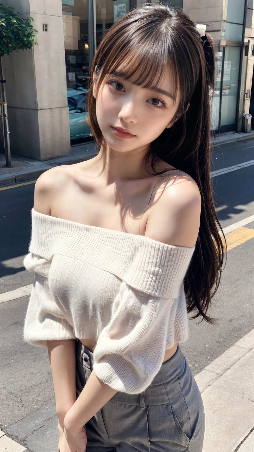Short length、 ((White knitted loose off-shoulder top、Cropped trousers)),  Brown Skin、Huge breasts, expresses the roundness and softness of the chest area, plumpy body, perfect body shape, Medium ponytail、Light brown hair,Messy bangs、Cheeky look、Redness on the cheeks、Raise the corners of the eyes、Triumphant thin eyebrows、Young Face、 ((Very detailed)), Perfectly detailed face, Great hands, Photorealistic images、((Full Body Shot、Shooting from the side))、street、Sexy pose
