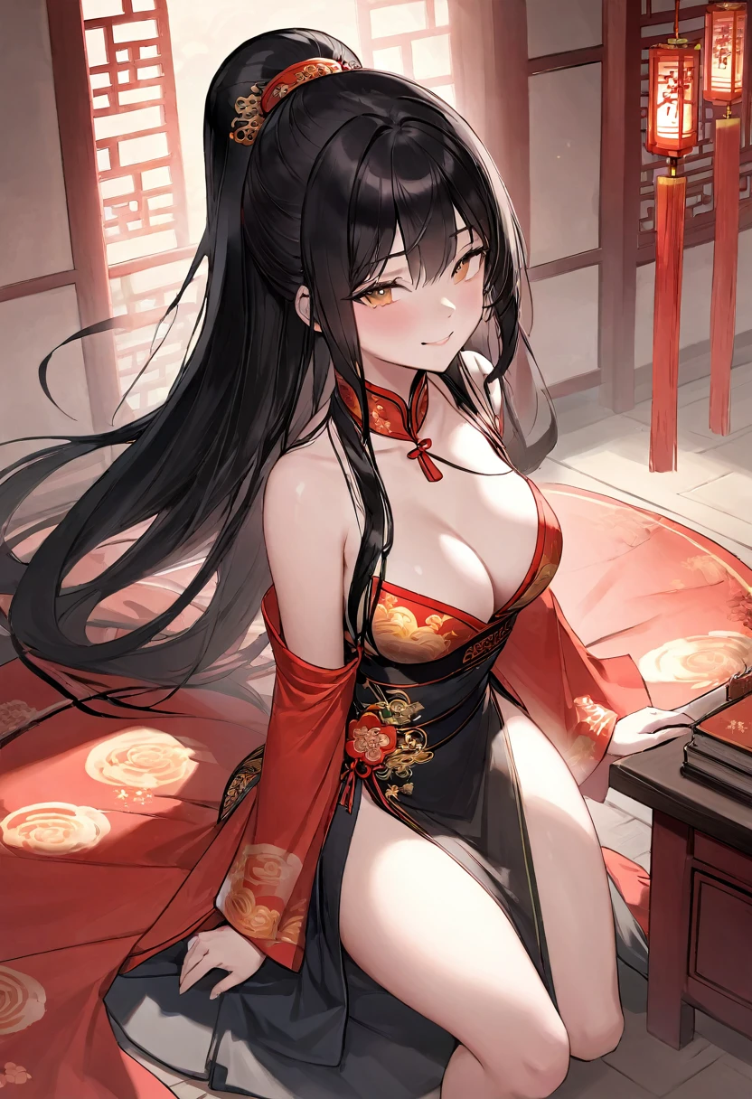 NSFW,1girl,Fantasy,Ancient Chinese Scriveners,Close ~ eyes,Black Hair,Long Straight Hair,Big Breasts,Wicked Smile,Full Art,whole body,China dress,Scrivener's Hat,Possess an open scroll,Books Flying in the Air,Kanji characters appearing from books,Ancient Chinese Courts
