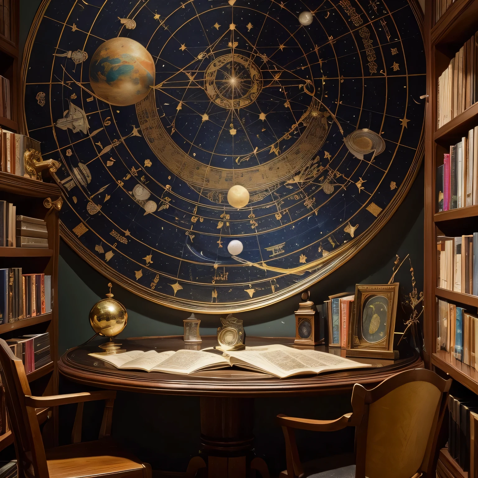 a room decorated with ancient and modern celestial maps on the walls, where the constellations and planets are represented in their current position. In the center, a circular table with an astrolabe and a globe, surrounded by old books on astrology and astrological charts.
On the shelves are jars of herbs and minerals used in historic astrological practices, along with crystals and gemstones associated with the planets. On the walls, graphics showing planetary alignments and their astrological interpretations.
In one corner, there is a small telescope focused on observing the celestial bodies that influence astrology, while at another table, an astrologer analyzes astronomical data and makes astrological forecasts.