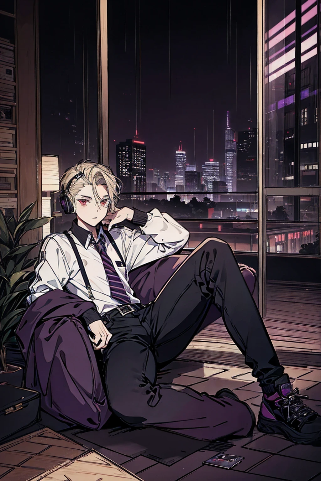 One person, Tall, tannish, handsome male, fit and lean, red eyes, slicked back blonde hair, light stubble, wearing purple and black checkered long sleeve shirt, wearing baggy jeans, purple and black high tops, and lazy expression, sitting alone in the dusk of night with headphones on, raining.