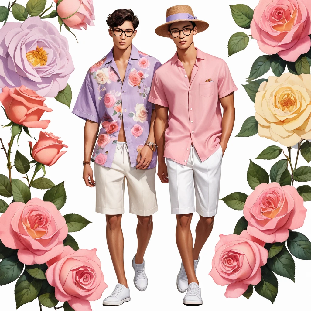 candid fashion illustration of young Mixed Latino and Japanese 2man, both aged 18-23 year old, ((showcase fashion look book in linen outfits)), the design inspired by David Austin rose Emma Bridgewater, in elegant chic style. The man wears an oversized short-sleeved shirt with a minimal rose embroidery details, paired with relaxed-fit white Short with Drawstring, He completes his look with white sneakers and round glasses. The boyfriend complements him in a skinny fitted speedo in a stripe pattern, semi bulge, He resemble includes an accessorizes with a brimmed straw hat and white sneakers, Captured in a low angle, ((full-body image)), ((roses motifs background)), fashion sketching, realistic drawing, ((imperfect water color drawing background)), fashion look book, fashion illustrator, fashion sketch design, gay, gay couple, The Emma Bridgewater rose by David Austin, lovely variety characterized by colors, (pink with a yellow button eye, brighter coral-pink tones, softening to mauve and lilac). The blooms are large, with many petals forming a classic, rosette shape. The color can range from a delicate, pale pink to a slightly deeper shade, depending on the growing conditions. This rose is appreciated for its charming appearance and delightful,