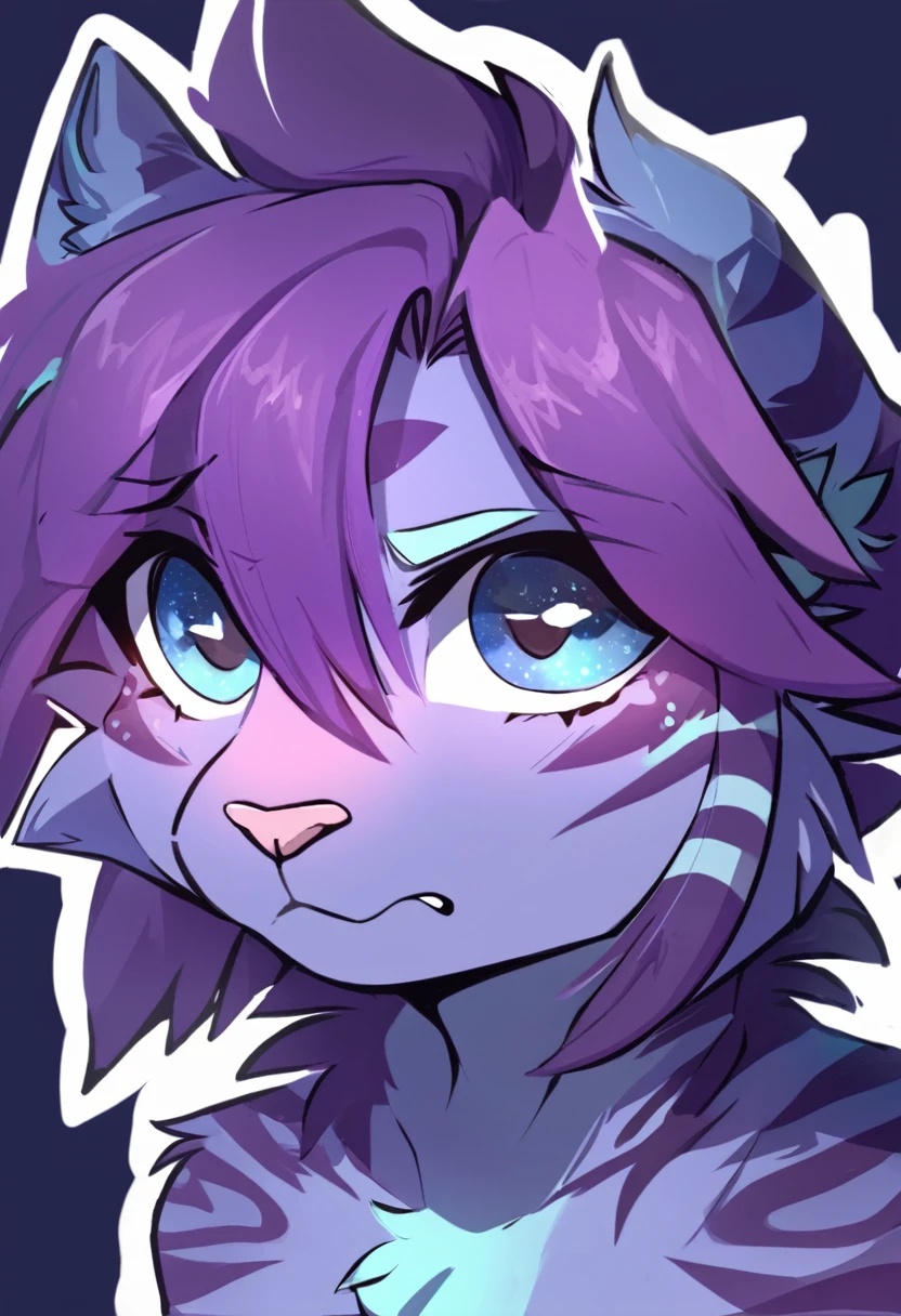 adult, feline, mammal, anthro, anthromorphic, cat, striped, fur, furred_anthro, femboy, male, dark_blue, ear_tufts, paws, hair_tuft, hair_between_eyes, long_tail, fluffy, expressive_eyes, purple_hair, light, galaxy_fur, looking_at_viewer, light_blue_chest, shy, small_pupils, spotted_pattern, stripes, digital_art, high_resolution, high_res, background shy, head_visible, neck_visible, profile_picture, seductive_face, white_outline, angry_expression