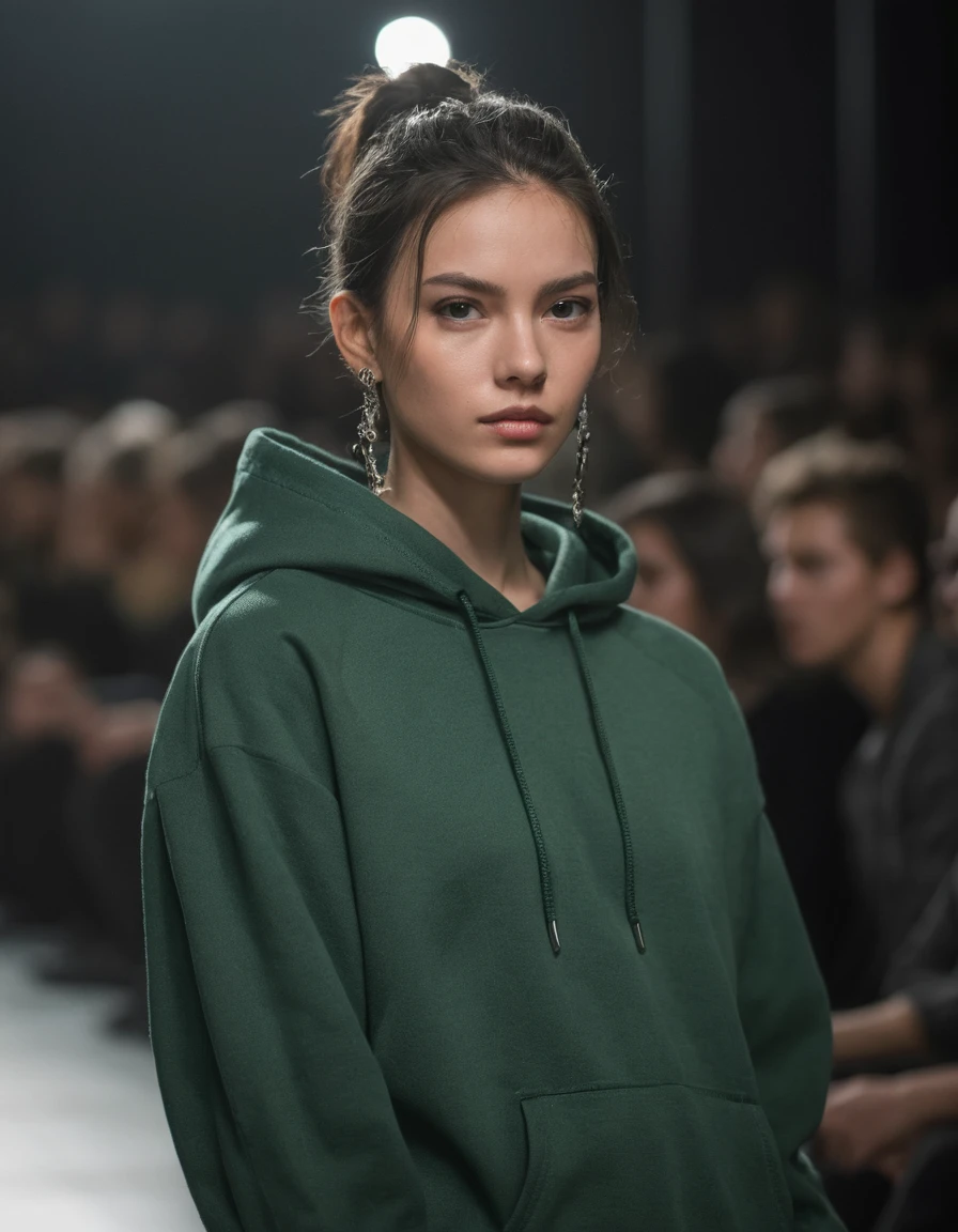 A photo of one (fashion catwalk model:1.3), (dark green hooded sweatshirt:1.2), amidst a blur of audience, (fierce gaze:1.1), striking posture, high fashion atmosphere, reflective textures, minimalist earrings, (confidence on the catwalk:1.1), (soft natural makeup:1.1), subtle spotlight, Nikon Z 9, 1/0s, f/2.8, ISO 100, (Sharp focus in the foreground:1.2), nblurry background, Captura RAW, monochromatic color scheme with a hint of skin tone, professional fashion photography
