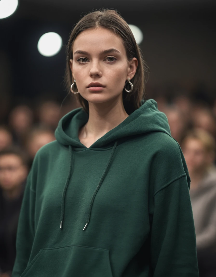 A photo of one (fashion catwalk model:1.3), (dark green hooded sweatshirt:1.2), amidst a blur of audience, (fierce gaze:1.1), striking posture, high fashion atmosphere, reflective textures, minimalist earrings, (confidence on the catwalk:1.1), (soft natural makeup:1.1), subtle spotlight, Nikon Z 9, 1/0s, f/2.8, ISO 100, (Sharp focus in the foreground:1.2), nblurry background, Captura RAW, monochromatic color scheme with a hint of skin tone, professional fashion photography
