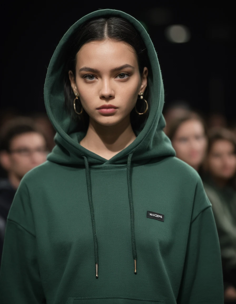 A photo of one (fashion catwalk model:1.3), (dark green hooded sweatshirt:1.2), amidst a blur of audience, ( gaze:1.1), striking posture, high fashion atmosphere, reflective textures, minimalist earrings, (confidence on the catwalk:1.1), (soft natural makeup:1.1), subtle spotlight, Nikon Z 9, 1/0s, f/2.8, ISO 100, (Sharp focus in the foreground:1.2), nblurry background, Captura RAW, monochromatic color scheme with a hint of skin tone, professional fashion photography