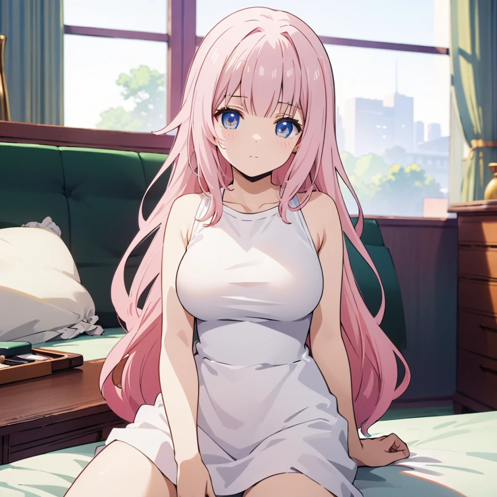((masterpiece)), ((Best Quality)), (Ultra-detailed), Anime style, Cute , 1girl in, Solo, 8k, sitting on the bed , no pant,nobra