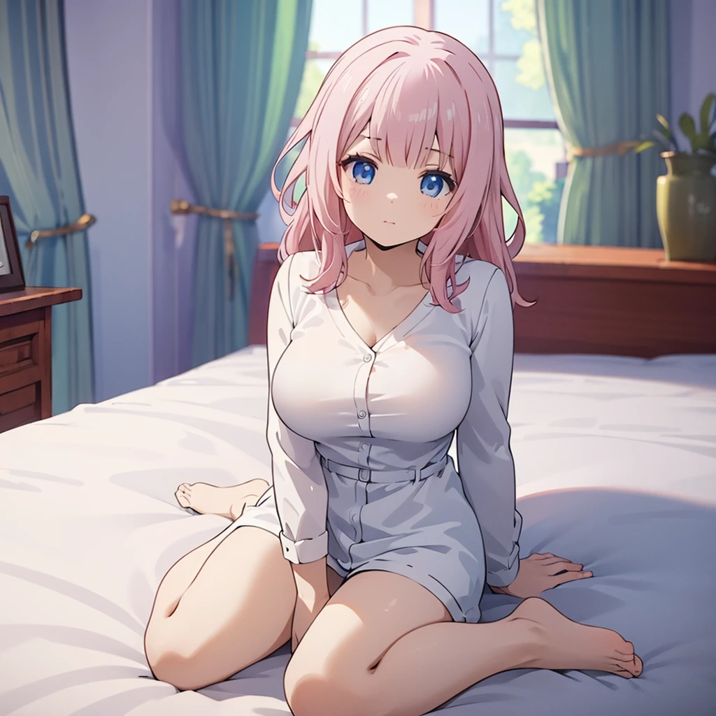 ((masterpiece)), ((Best Quality)), (Ultra-detailed), Anime style, Cute , 1girl in, Solo, 8k, sitting on the bed , no pant,nobra