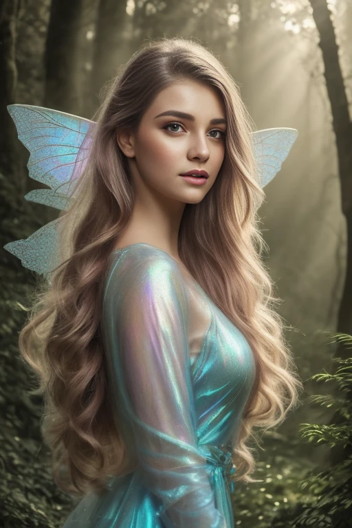 a beautiful sexual fairy, detailed ethereal face, long eyelashes, full lips, delicate skin, flowing hair, fairy wings, iridescent colors, magical forest background, fantasy landscape, photorealistic, 8k, hyper detailed, cinematic lighting, dramatic shadows, vibrant colors, intricate details