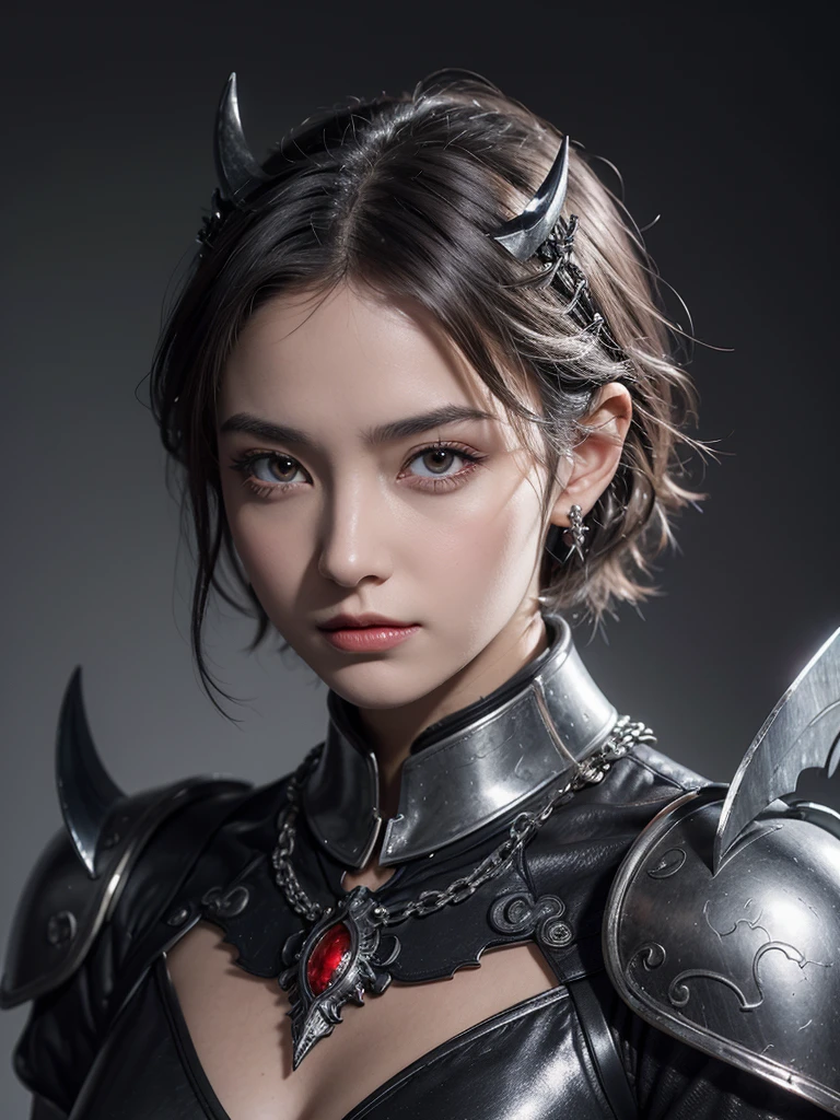 Masterpiece，Best quality，High resolution，8K，((Portrait))，(Head close-up)，Original photo，Real photo，Digital photo，20 year old girl，((Short gray hair))，((Eyes red，Devil's eyes)，Jewelry，Beautiful elegant，Arrogant，Noble and charming，(Fantasy battle suit)，(Devil's body)，Crown，(Battle girl)，Pose for photo，Night，Ancient city background，OC render reflection texture