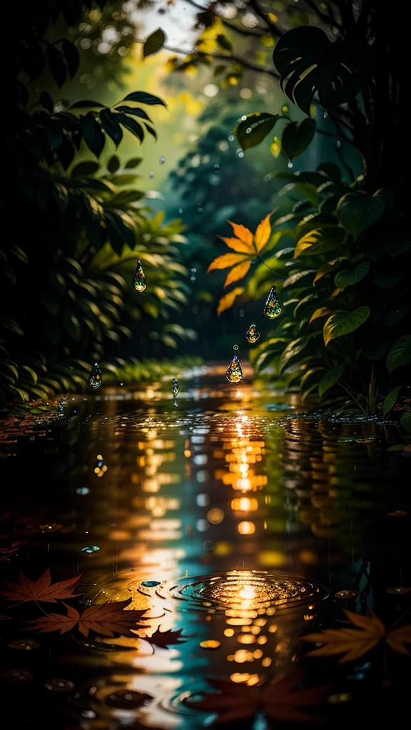 Picture of leaves and raindrops, Romantic landscape style, Canon EOS 5D Mark IV, Sunshine Impressionism, Traditional Vietnamese cuisine, Sparkling water reflections, High-quality photos, Stock Photo - AR 2:3-5