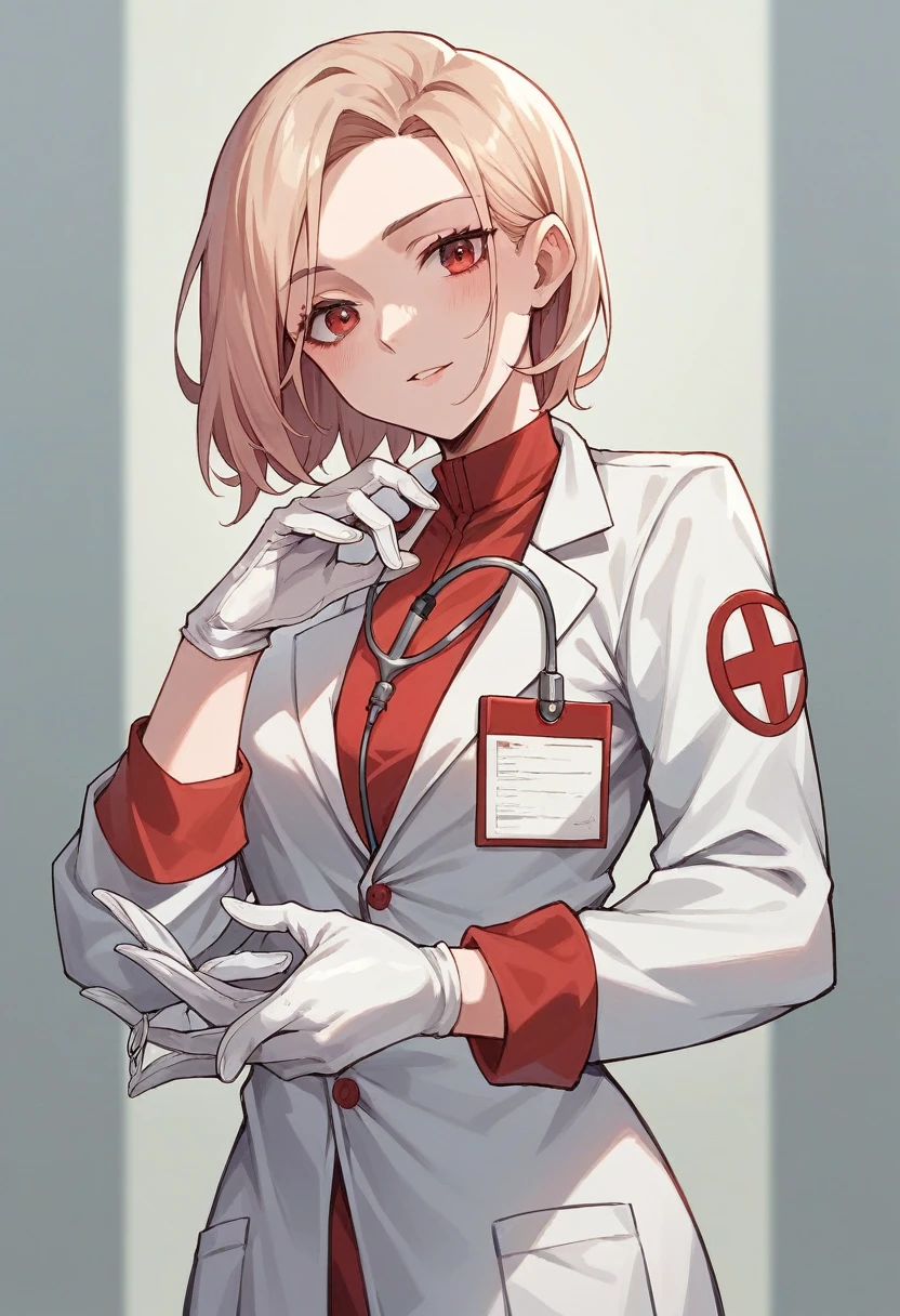 1girl, light hair, ((white gloves)), ((surgical gloves)), ((latex gloves)), ((long sleeves)) ((red surgeon outfit)), looking at viewer, ((red doctor outfit)), standing, solo