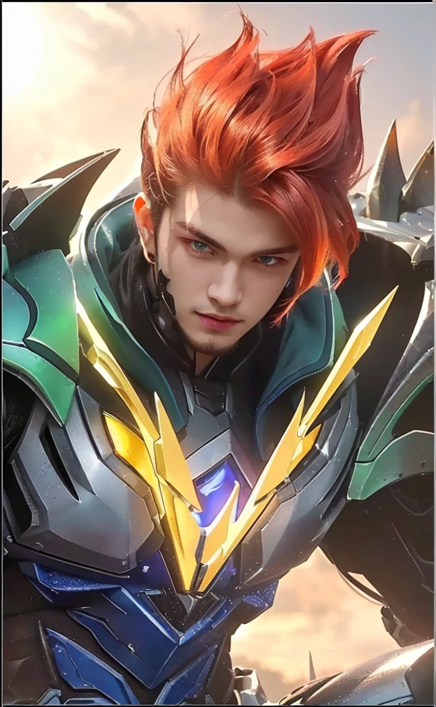 a close up of a boy with striking red hair, piercing blue eyes, beautiful detailed facial features, evil-smiled, ramatic lighting, futuristic armor, fantasy style, cinematic composition, (best quality,4k,8k,highres,masterpiece:1.2),ultra-detailed,(realistic,photorealistic,photo-realistic:1.37),HDR,UHD,studio lighting,ultra-fine painting,sharp focus,physically-based rendering,extreme detail description,professional,vivid colors,bokeh